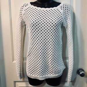 LOFT Petites XXSP White Open Knit Crochet Sweater Long Sleeve Boho